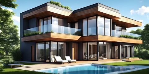 Three dimensional render of a modern ecological real estate residential house