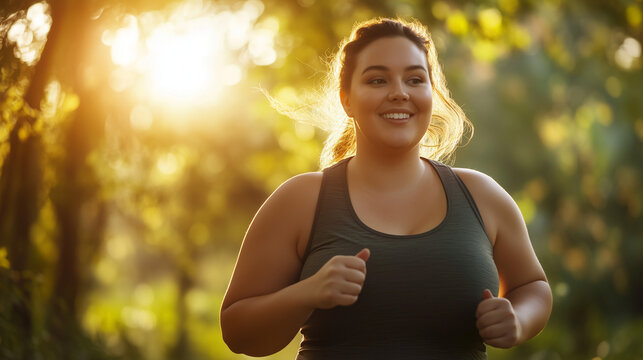 Close-up view of an overweight woman running through the park and smiling.