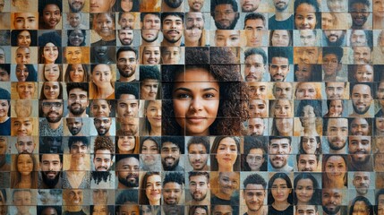Hundreds of multiracial people crowd portraits headshots collection, collage mosaic. Many lot of multicultural different male and female smiling faces, Generative AI