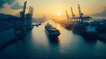 Fototapeta premium Tranquil dawn break at the harbor, ships at dock and cranes busy loading containers, symbolizing the start of a new day in global trade.