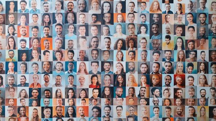 Hundreds of multiracial people crowd portraits headshots collection, collage mosaic. Many lot of multicultural different male and female smiling faces, Generative AI
