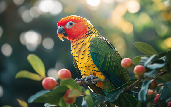 4. Crisp image of a vibrant parrot perched on a branch