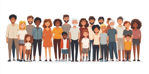 Diverse multiracial and multicultural group of people isolated on white background. Happy old and young men, women and children standing together. Social diversity. Flat cartoon , Generative AI