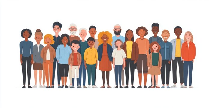 Diverse multiracial and multicultural group of people isolated on white background. Happy old and young men, women and children standing together. Social diversity. Flat cartoon , Generative AI