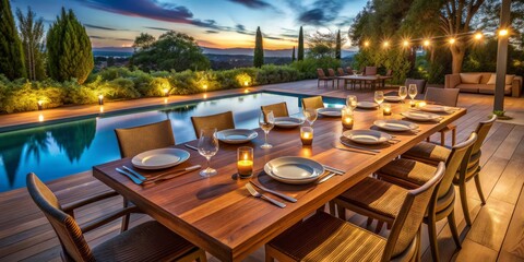 Obraz premium Sunset Dinner by the Pool, Wooden Table and Chairs, Romantic Ambiance, Summer Evening, Poolside Dining , Sunset , Luxury