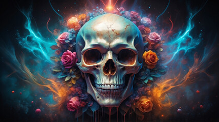 Bright abstract design with skull, swirls, floral patterns and floating colored smoke on a dark, hazy background