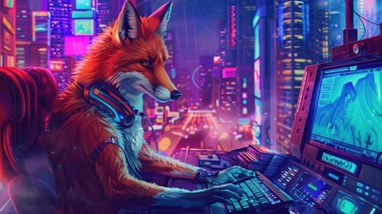Cyberpunk Fox Gamer in Neon City