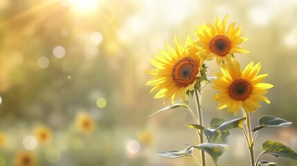 Three sunflowers in full bloom stand tall in a field, basking in the warm sunlight. The vibrant yellow petals symbolize joy, happiness, and optimism. The sunlit background represents hope, growth, and