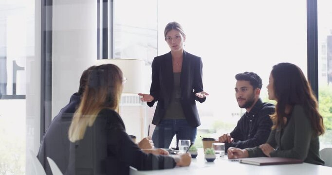 Leadership, business people meeting and woman explain idea, sales pitch or problem solving solution, plan or strategy. Employee teamwork, listening workforce group or boss consulting on agency report