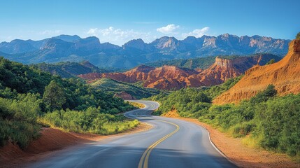 Desert road winding among mountains and wilderness, sun