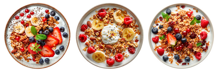 Traditional italian breakfast. A set of Muesli yogurt isolated on white or transparent background. Muesli yogurt in a white plate close-up. Top view.