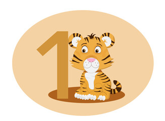 The number one and a cute tiger on a beige background