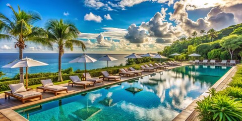 Tropical Poolside Oasis with Palm Trees and Ocean View, pool, luxury, vacation , paradise