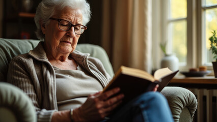 An elderly woman is seated peacefully in an armchair by the window, immersed in her book, amid warm natural light, exuding a sense of tranquility and wisdom.