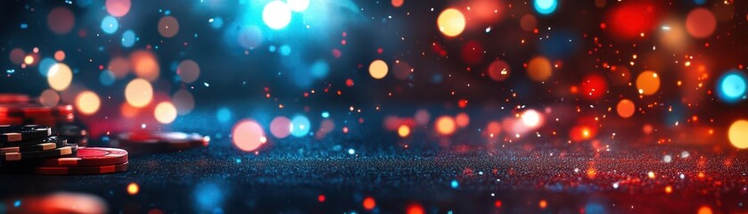 Abstract bokeh background with blurred lights and dark blue backdrop.