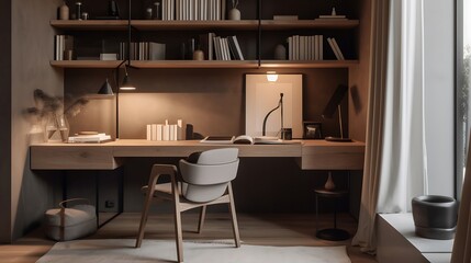 A sophisticated and cozy study corner with warm lighting and books
