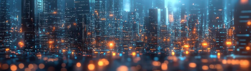 Fototapeta premium Digital ID transformation, focus on holographic interface, evolution and adaptation, copy space, tech evolution theme, whimsical, composite, futuristic cityscape backdrop