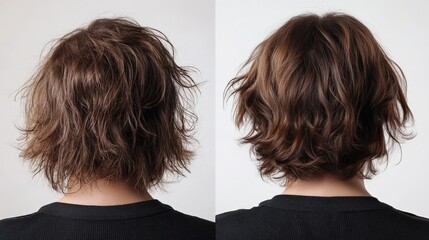 The picture illustrates a significant transformation of wavy hair before and after styling, showcasing improved texture and volume that enhances the overall appearance