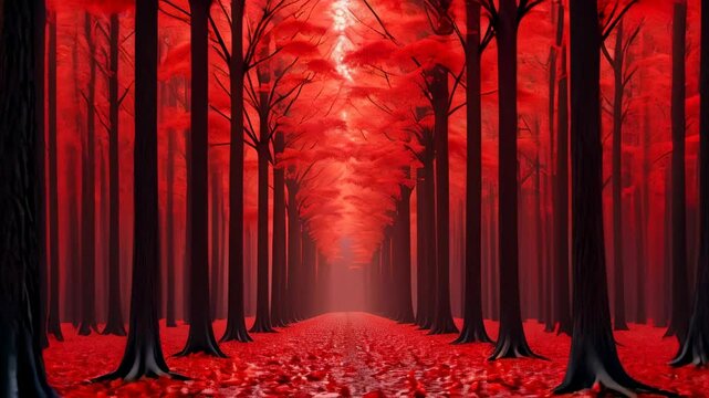Enchanting red forest path lined with tall trees and vibrant foliage
