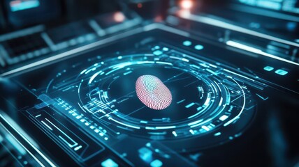 Futuristic fingerprint scanner interface with glowing blue digital display.
