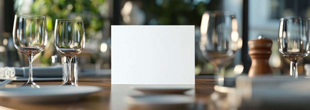 White blank space card on restaurant table background horizontal composition
