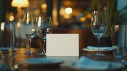 White blank space card on restaurant table background horizontal composition