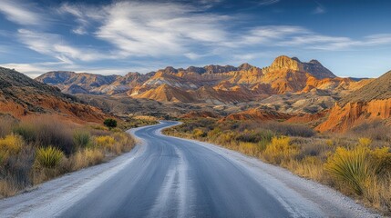 Desert mountains and winding road surrounded by wilderness, under the sun.