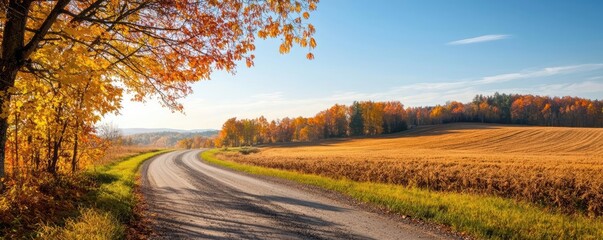 A picturesque autumn landscape featuring a winding road flanked by vibrant trees and golden fields under a clear blue sky.