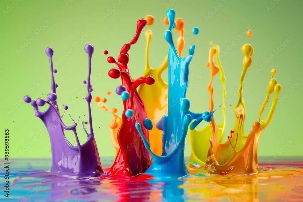 Sticker This high-resolution image captures vibrant paint splashes mid-air, creating a dynamic and colorful scene.