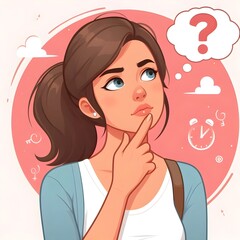 Illustration of a young woman thinking with a questioning expression, surrounded by icons like a question mark and clock