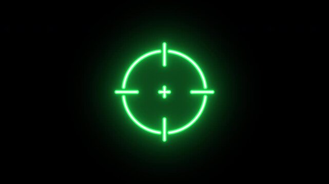 Neon target cross animation, uniform rotation with color blink. Glowing neon 3D aim icon, looped spin. Crosshair, gun aim, sniper target, bullseye, hunting, target audience, precise shoot. 4 colors