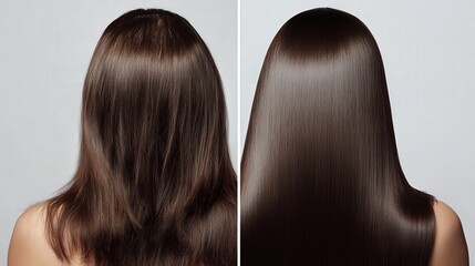 A person's hair is displayed before and after a smoothing treatment,  keratin and botox for hair before and after