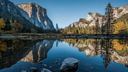 Reflections of Yosemite's granite cliffs in the river. 