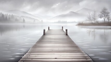 Fototapeta premium Minimalist Wooden Pier Extending into Misty Lake at Dawn