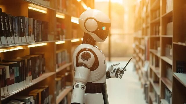 Robot assistant in a library helps visitors find books in a modern facility