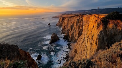 A view of a cliff at sunset, showing the stark beauty of a seascape. The scene shows towering cliffs with jagged edges overlooking a stormy ocean