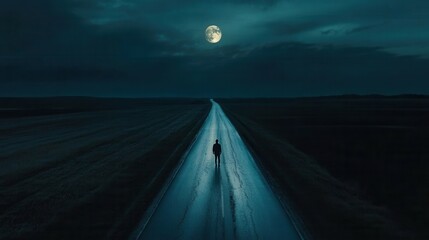 Night view from above: a person on the road illuminated by car headlights.