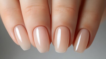 Delicate hands present a flawless manicure with neutral-toned nails, reflecting a polished finish. The lighting enhances the natural beauty and elegance of the hands