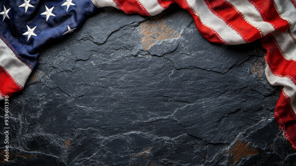 Poster us flag on black stone with copy space. worn american flag on dark stone surface. patriotic backgrou