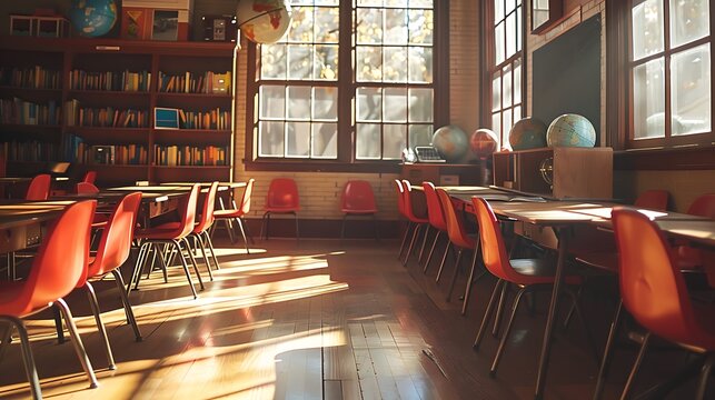 Empty classroom with red chairs, wooden tables, sunlight streaming through the windows, and globes on shelves, capturing the essence of a school interior focused on education