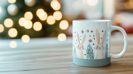 Coffee or tea cup with hares on wooden table, bokeh Christmas background. For poster, backdrop, banner with copy space. Winter and Christmas concept. Chocolate. Cocoa