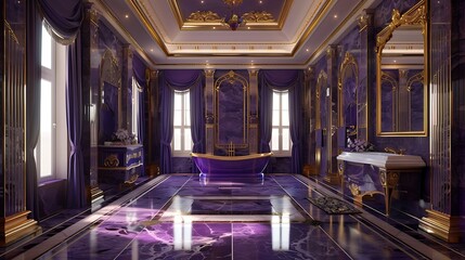 Obraz premium Empty, opulent bathroom featuring purple and gold decor, gleaming floors, and a stylish interior design, perfect for a high-end residence