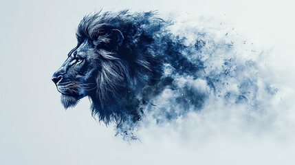 A blue lion's head in profile fades into a cloud of blue dust. Generated by AI.