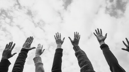 Group fists and palms raised up in disagreement.
