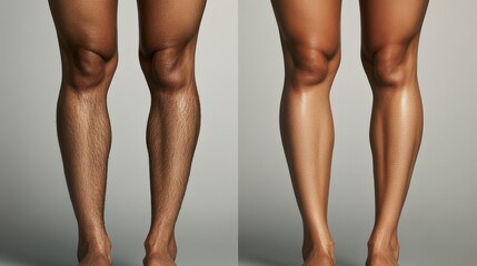 The image displays a contrasting view of a person's legs, showcasing the difference in skin texture and tone before and after treatment, highlighting noticeable improvements