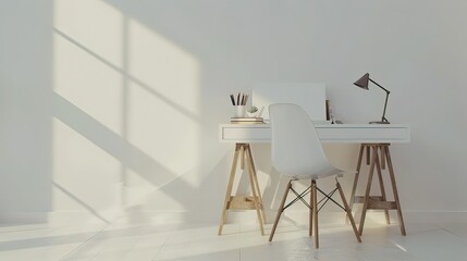 Modern office workspace with desk and chair. 