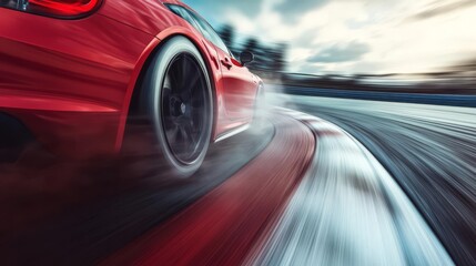 Highspeed car racing on a track, motion blur and tire smoke, 3D illustration