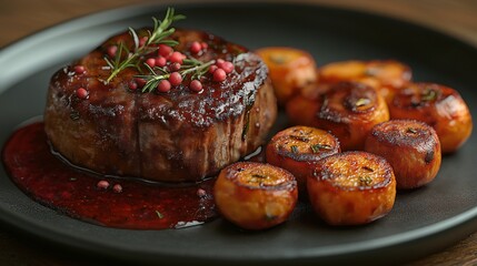 Succulent grilled beef filet mignon topped with fresh rosemary and pink peppercorns, served with caramelized baby potatoes, plated elegantly with rich red wine reduction sauce