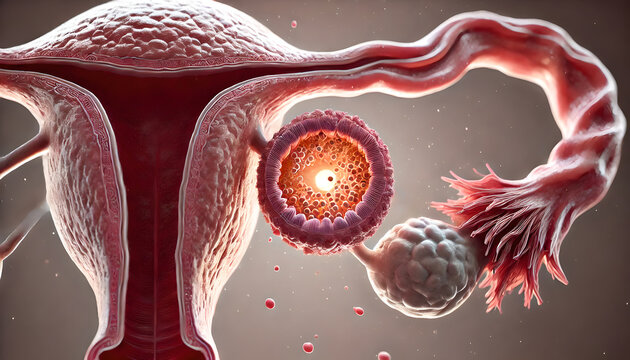 cross-sectional female ovary during ovulation phase menstrual cycle. follicle releasing an egg (oocyte) into the fallopian tube. structure of the ovary, egg towards tube.
