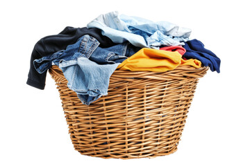 A woven basket overflowing with colorful clothing including denim, shirts, and more, presented against a transparent background for easy overlay. Transparent background PNG